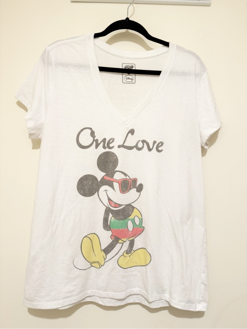 Old Navy White V-Neck Tee with Colorful Mickey Graphic